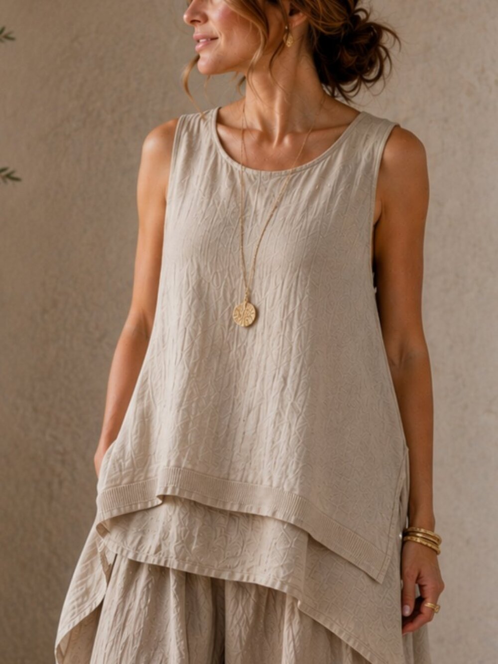100% Linen Layered Asymmetrical High Low Taupe Tunic Tank L Lagenlook Boho EUC